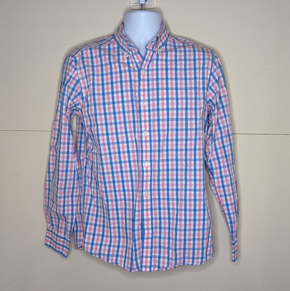 Izod Button Down Collared Shirt Blue Pink Plaid